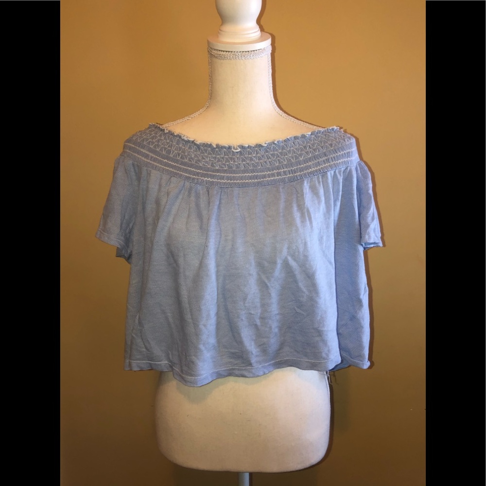 💙🤍Zara Off-the-shoulder Blue Striped Shirt